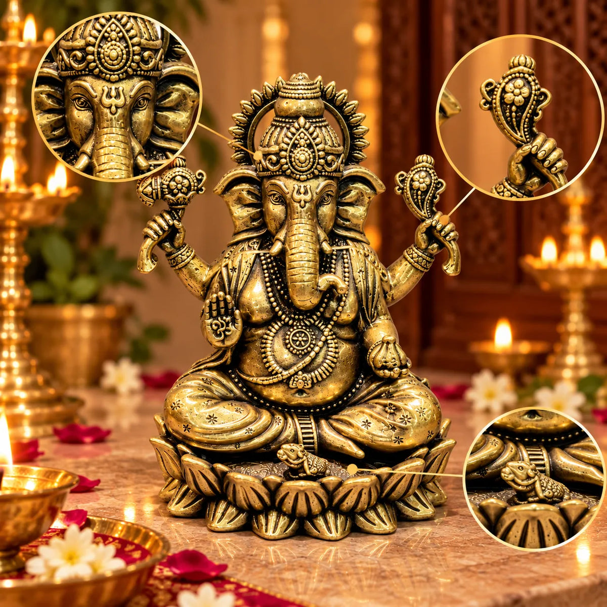 Antique Golden Brass Lord Ganesha Idol with Ornate Halo & Lotus Base
