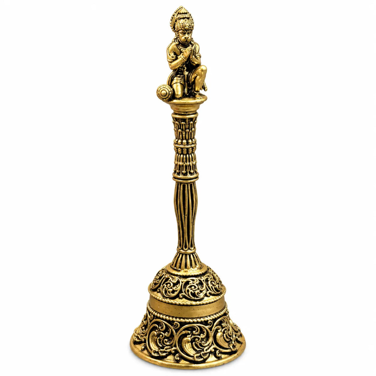 Antique Golden Brass Hanuman Temple Bell with Ornate Carved Handle