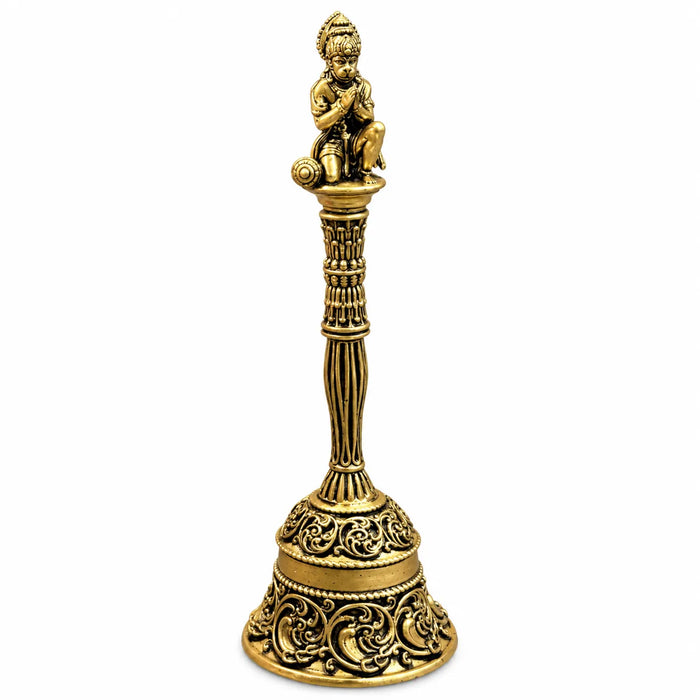 Antique Golden Brass Hanuman Temple Bell with Ornate Carved Handle