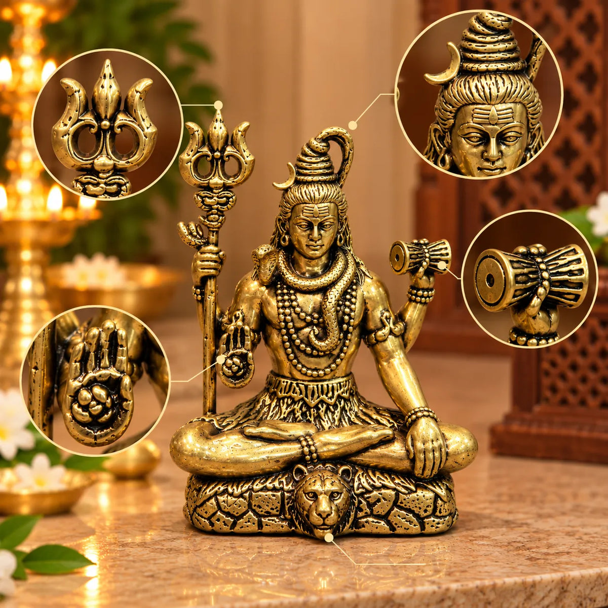 Antique Golden Brass Lord Shiva Idol with Trishul & Damru on Rock Base